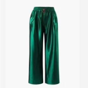 Dark emerald green satin pants with hot pink with gold elastic string. NWOT.